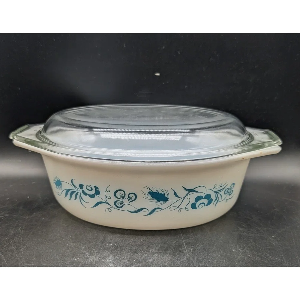 Vintage Pyrex Meadow Oval Casserole Dish with Clear Glass Lid Teal Floral 043